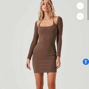 ASTR The Label Sz S Solene Brown Ribbed Long Sleeves Halter Mini Dress